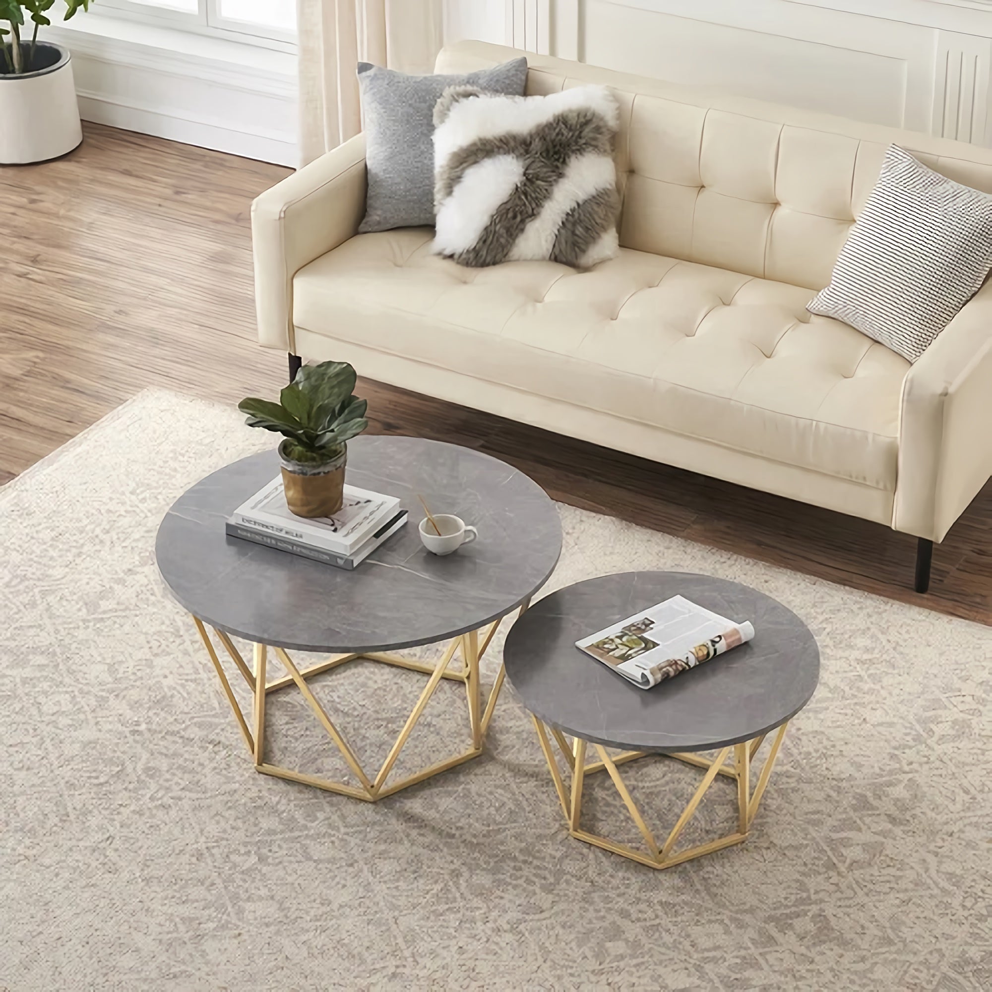 Set of 2 Coffee Table Set, Modern Faux Marble Coffee Table and End Table for Home, Living Room (Grey-Gold) - GilesCoffeeTableGY&G-FWS Set of 2 Coffee Table Set, Modern Faux Marble Coffee Table and End Table for Home, Living Room (Grey-Gold) - GilesCoffeeTableGY&G-FWS